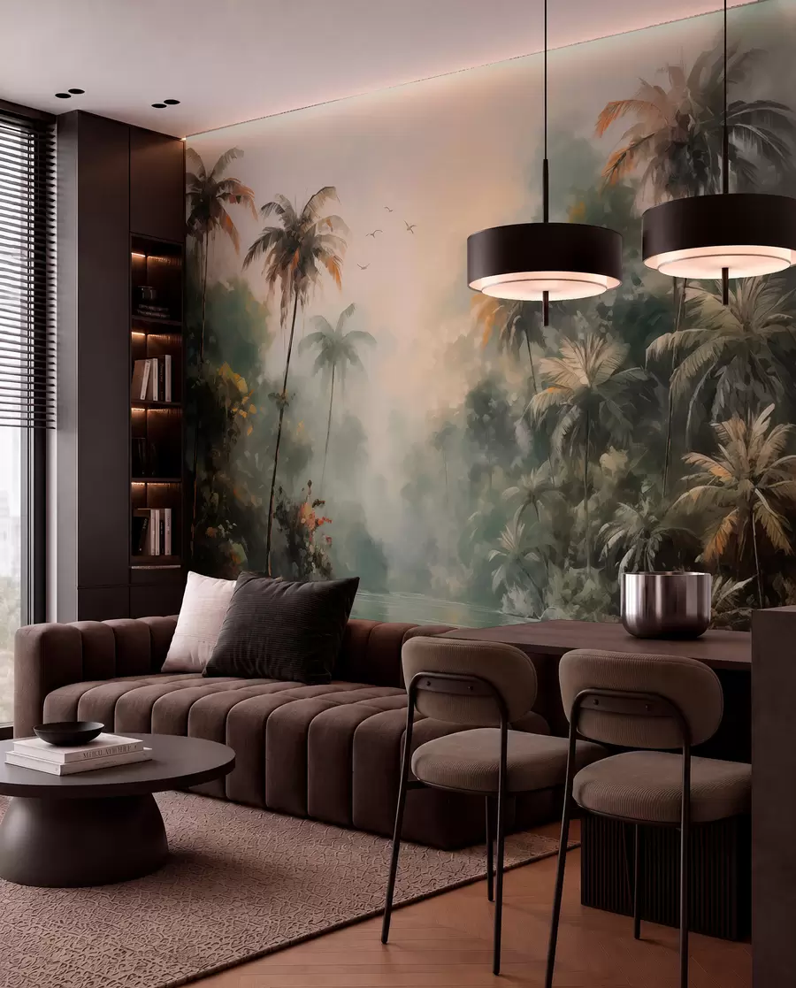 wall murals Jungle by the pond, palm trees, vegetation w01613