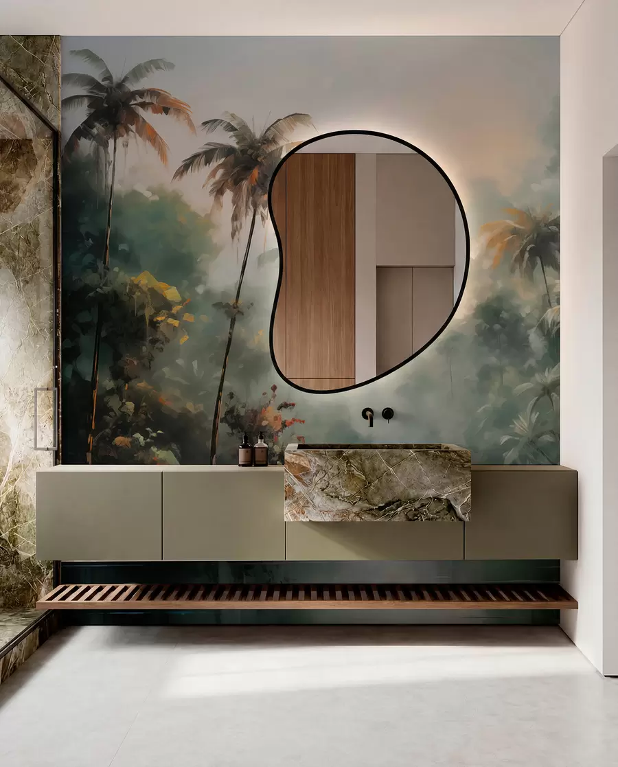 wall murals Jungle by the pond, palm trees, vegetation w01613