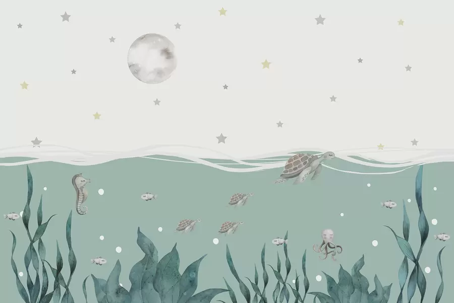 wall murals Sea motif with turtles, seahorse, fish and full moon w01521
