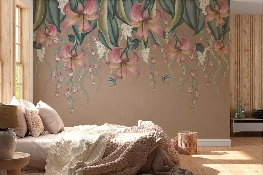 wall murals Delicate botanical motif with hanging lilies, flowers and hummingbirds on a grunge wall w01523