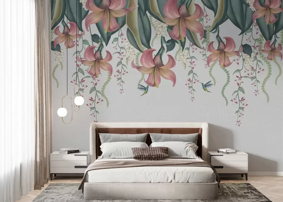 wall murals Delicate botanical motif with hanging lilies, flowers and hummingbirds on a light wall w01523v1