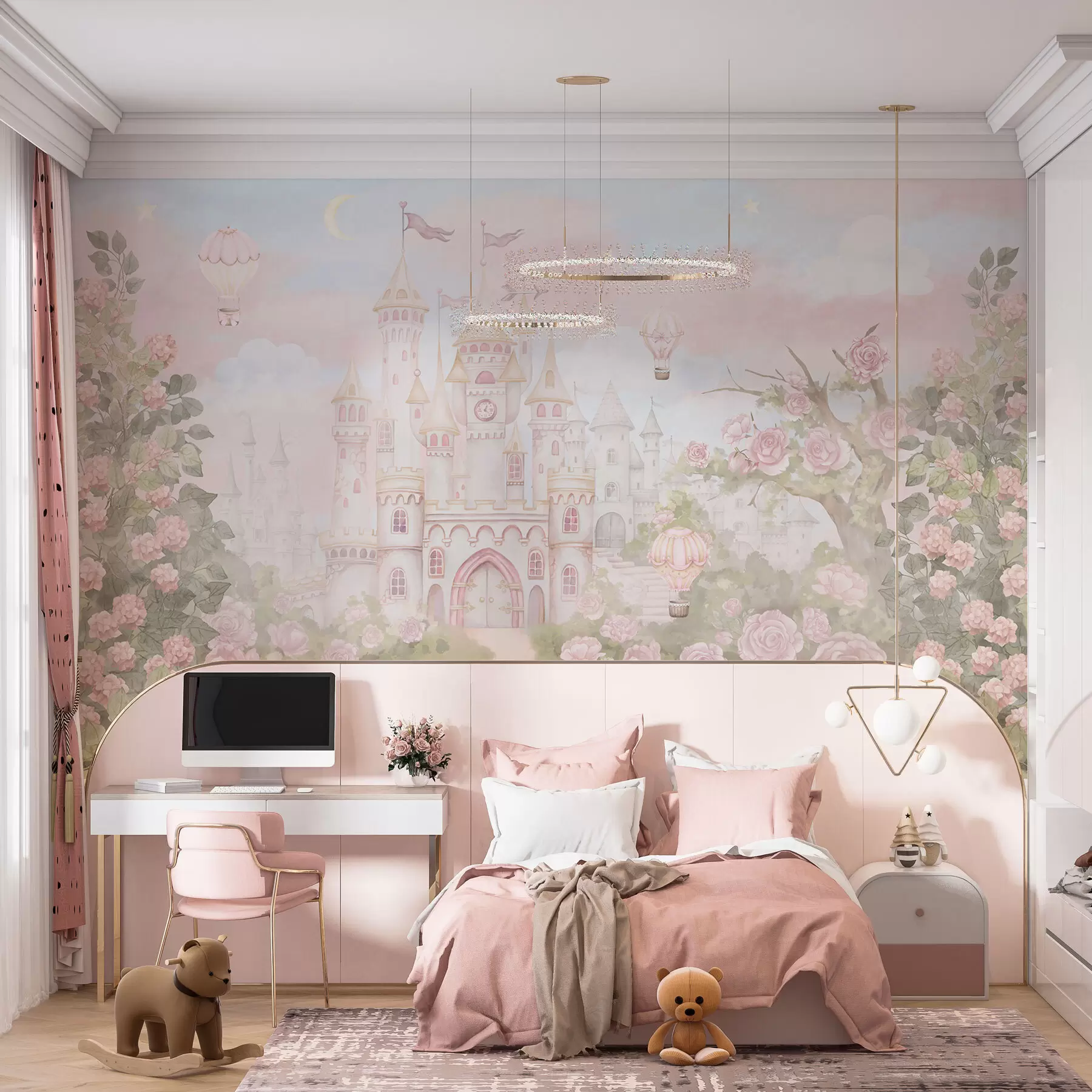 wall murals Magical castle with large flowers and trees w01524