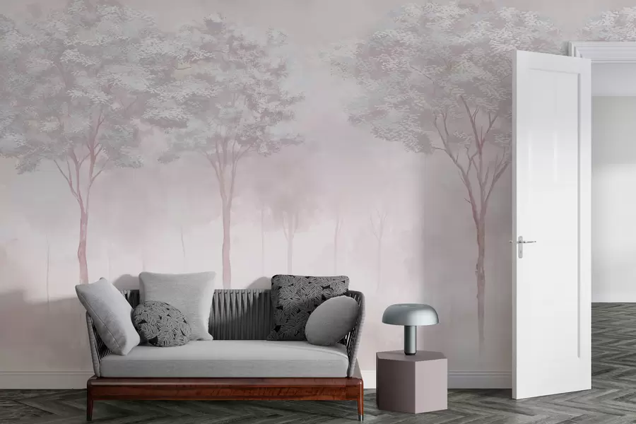 wall murals Misty forest silhouette in soft pink color w01599v1