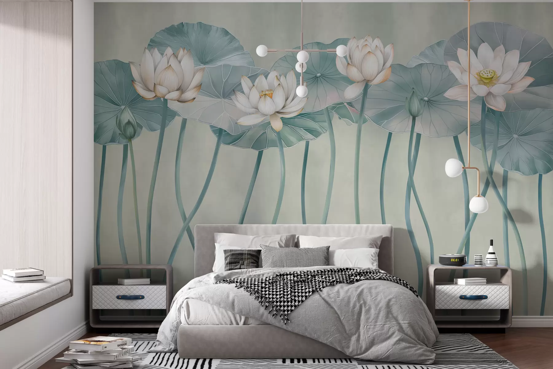 wall murals Blue lotus flowers and leaves  w01622v4