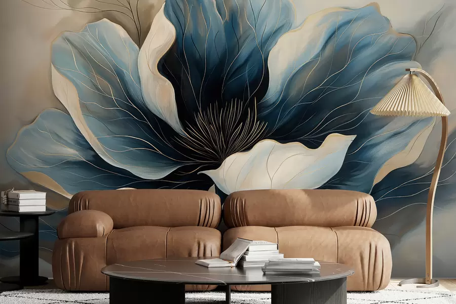 wall murals Large elegant flower with deep flowing dark blue and white petals w01538