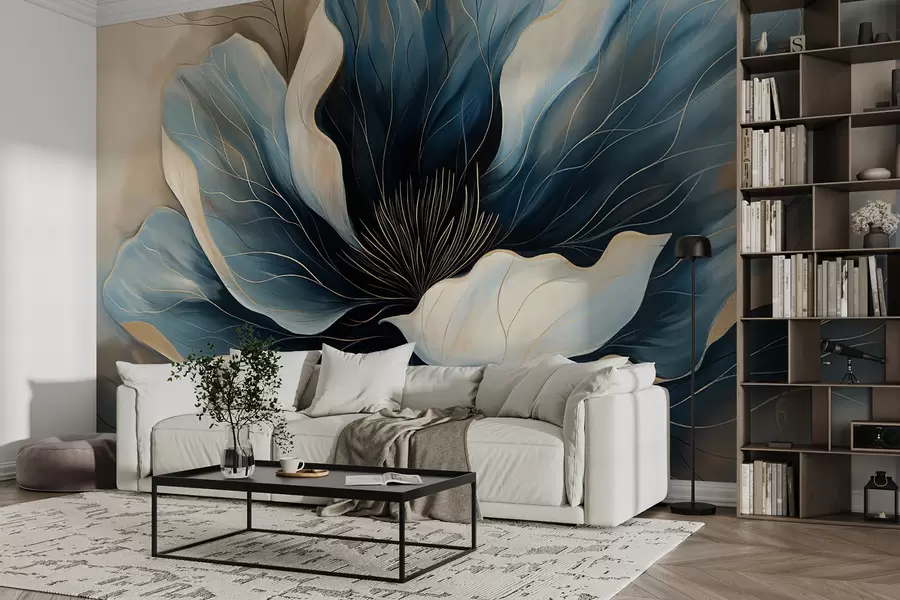 wall murals Large elegant flower with deep flowing dark blue and white petals w01538