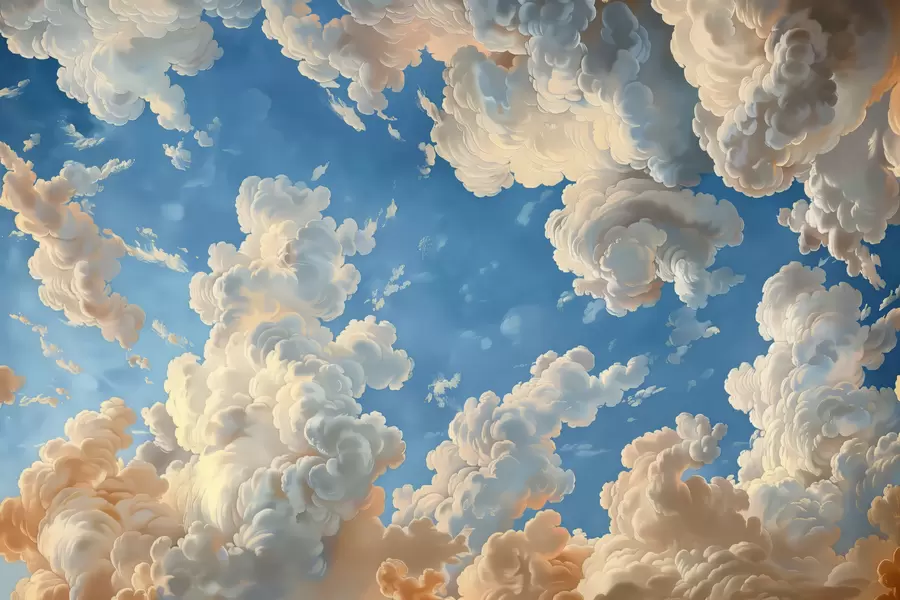 wall murals Billowing clouds in warm tones of cream, soft peach, set against a deep, vibrant blue sky w01583