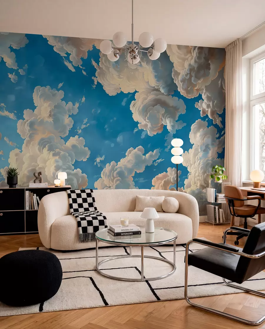 wall murals Billowing clouds in warm tones of cream, soft peach, set against a deep, vibrant blue sky w01583