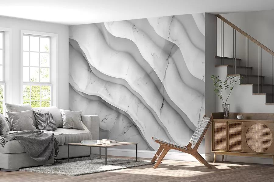 wall murals Abstract composition of smooth, wavy marble-like textures in light shades of white and gray w01588