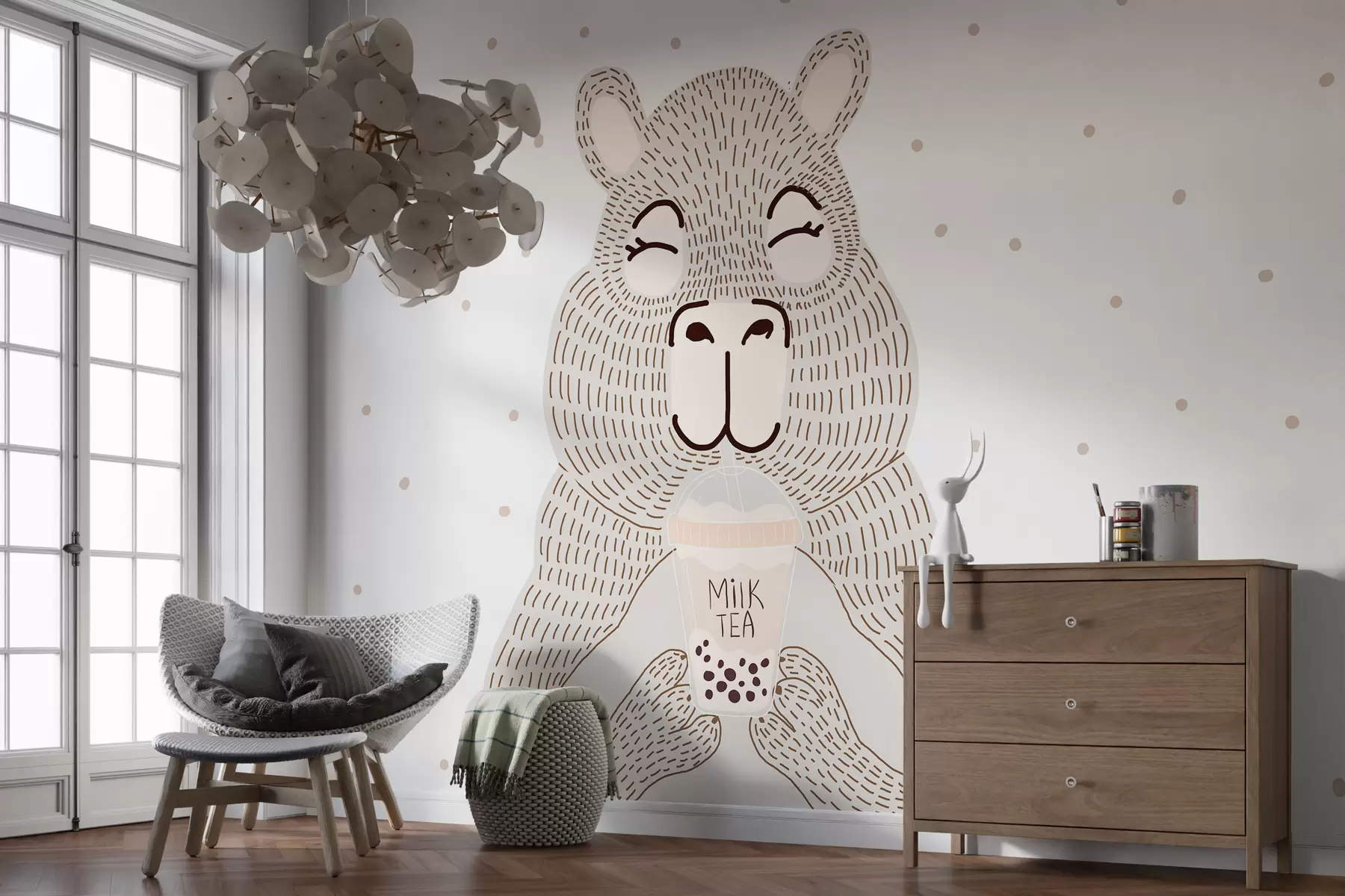 wall murals Large cute beige capybara with bubble tee in a minimalist dash style on a white dotted background   w01122