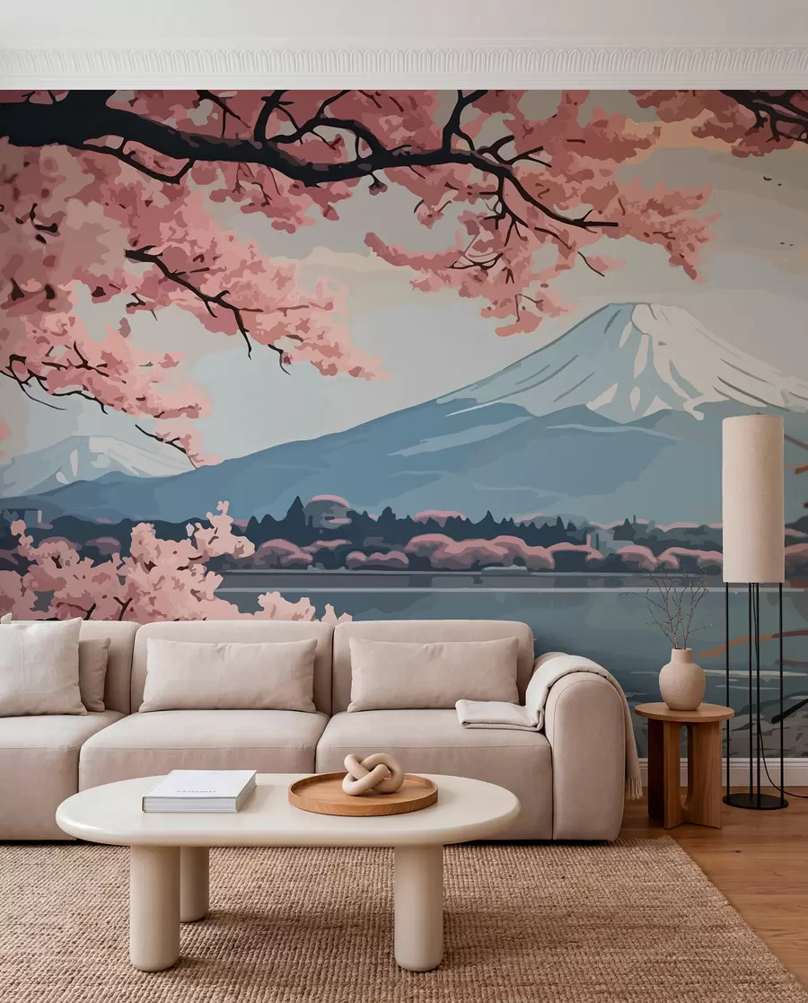 wall murals Sakura, mountains, watercolour w01664