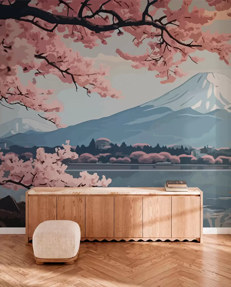 wall murals Sakura, mountains, watercolour w01664