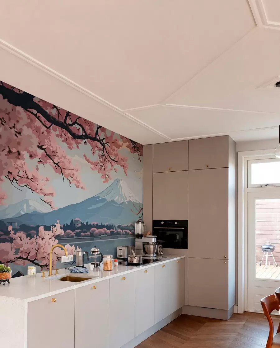 wall murals Sakura, mountains, watercolour w01664