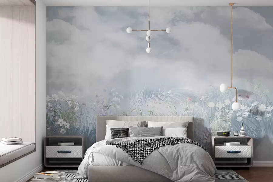 wall murals Wildflowers and grasses with balkan sky and clouds w01624