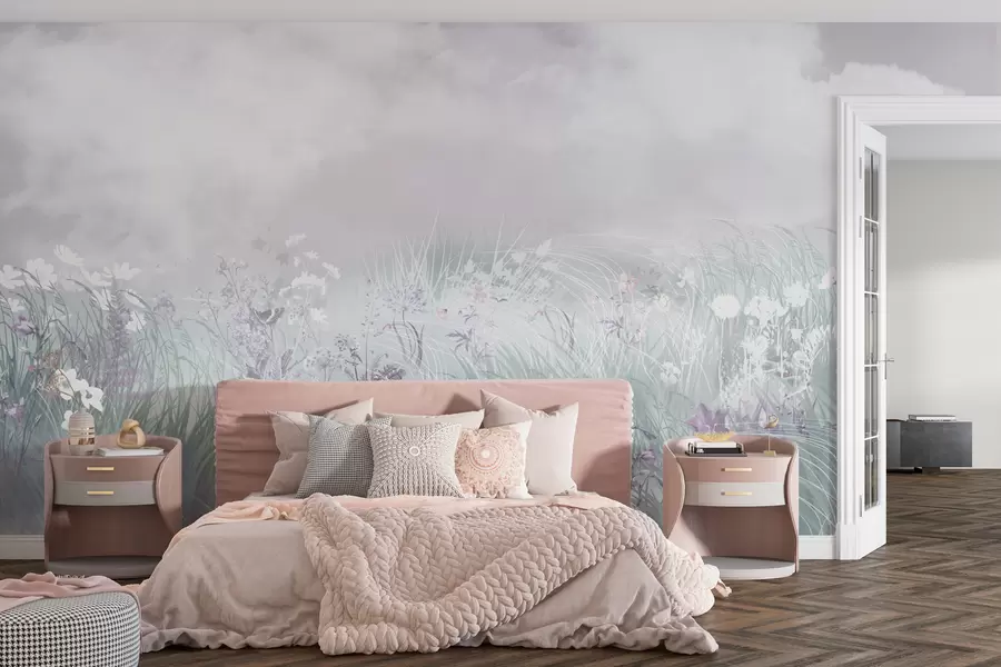 wall murals Wildflowers and grasses with pinkish sky and clouds w01624v1