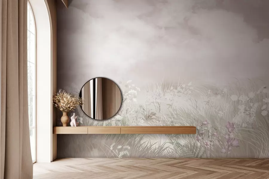 wall murals Wildflowers and grasses with pale pink sky and clouds w01624v4