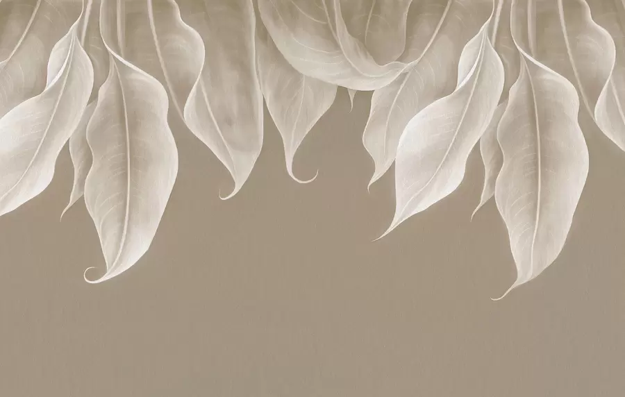 wall murals hanging large leaves in beige color w01680