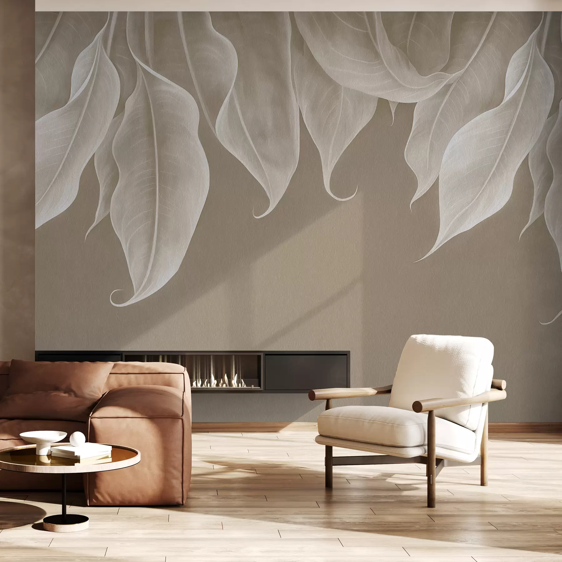 wall murals hanging large leaves in beige color w01680