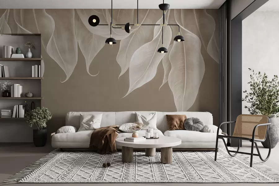 wall murals hanging large leaves in beige color w01680