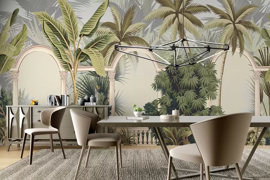 wall murals Arches with tropical landscape, lush palm trees and other foliage against a light background w08306