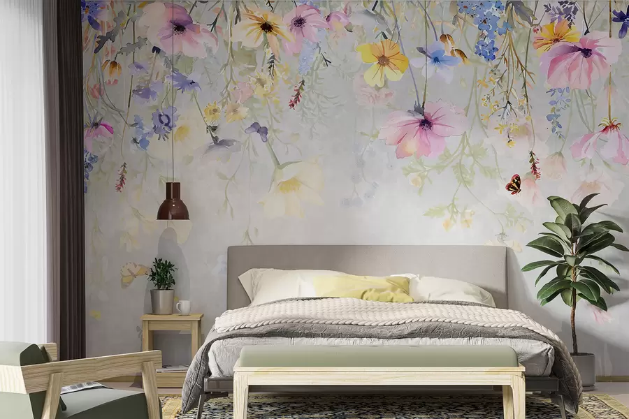 wall murals Colorful florals with pink, yellow, and blue flowers hanging from the top on textured gray background w08309