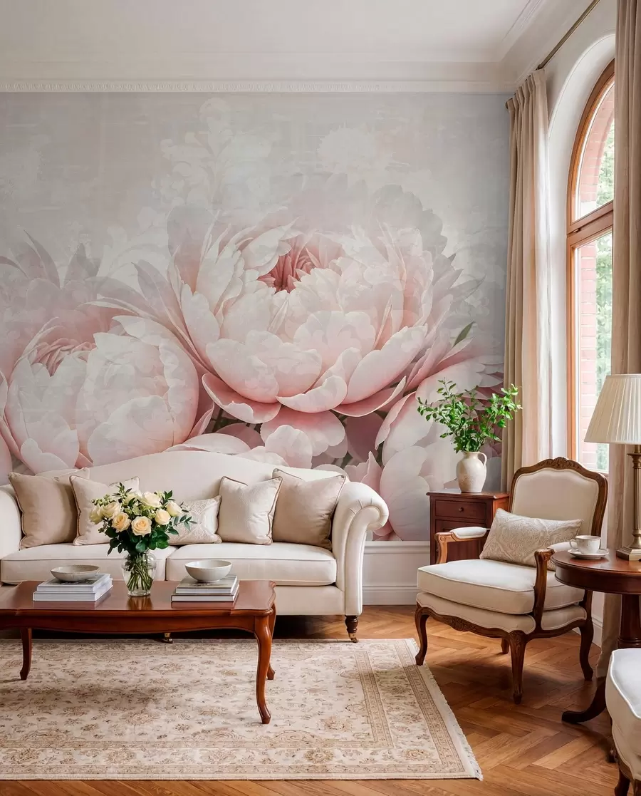 wall murals Soft pink peonies with delicate petals against a light textured vintage background w08312