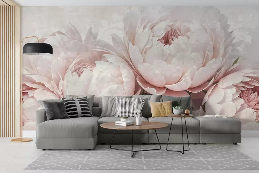 wall murals Soft pink peonies with delicate petals against a light textured vintage background w08312