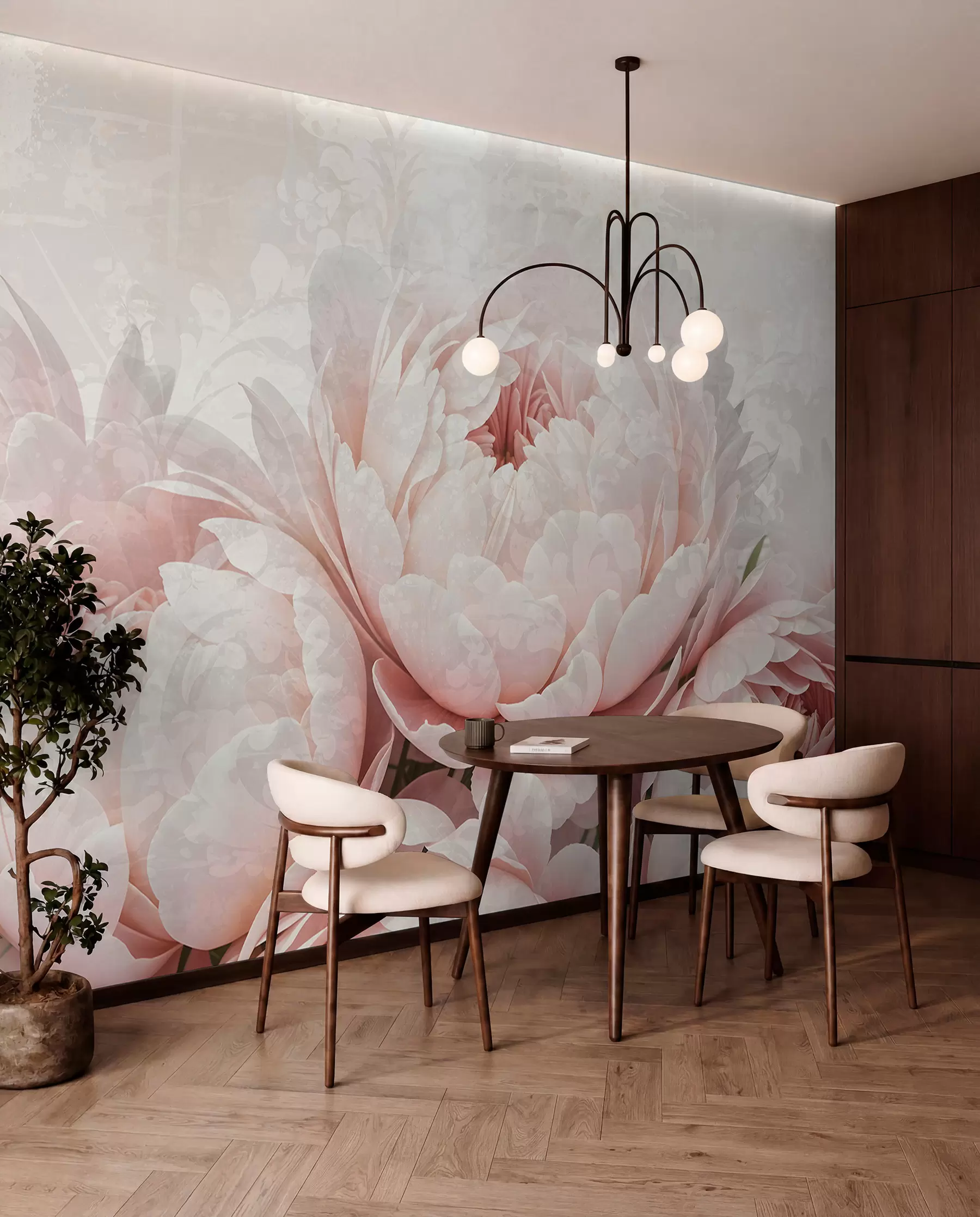 wall murals Soft pink peonies with delicate petals against a light textured vintage background w08312