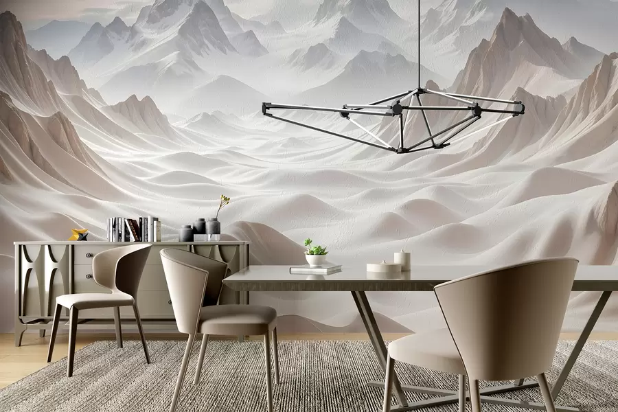 wall murals Snowy mountain peaks emerging from a misty, ethereal landscape with rolling hills and valleys w08313