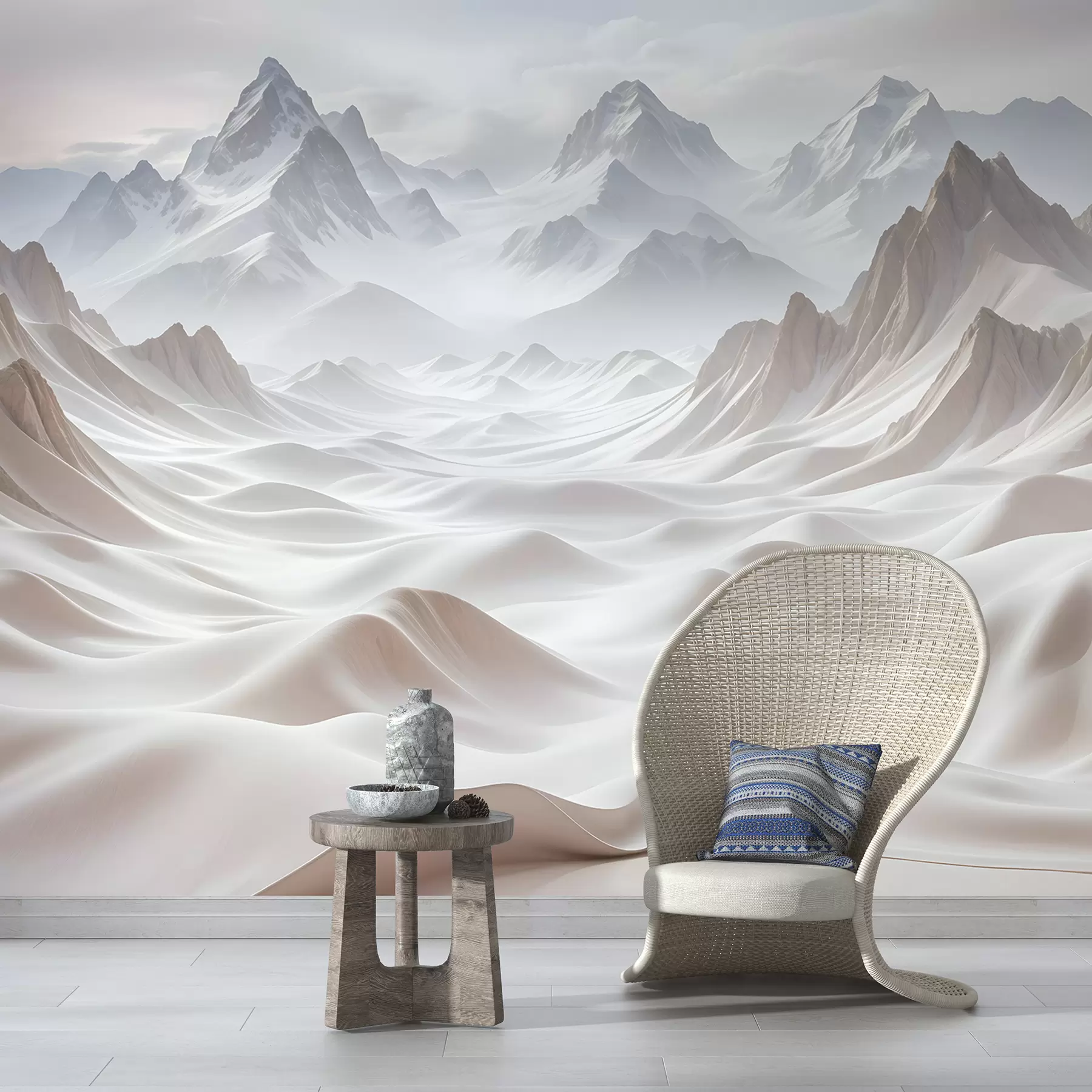 wall murals Snowy mountain peaks emerging from a misty, ethereal landscape with rolling hills and valleys w08313