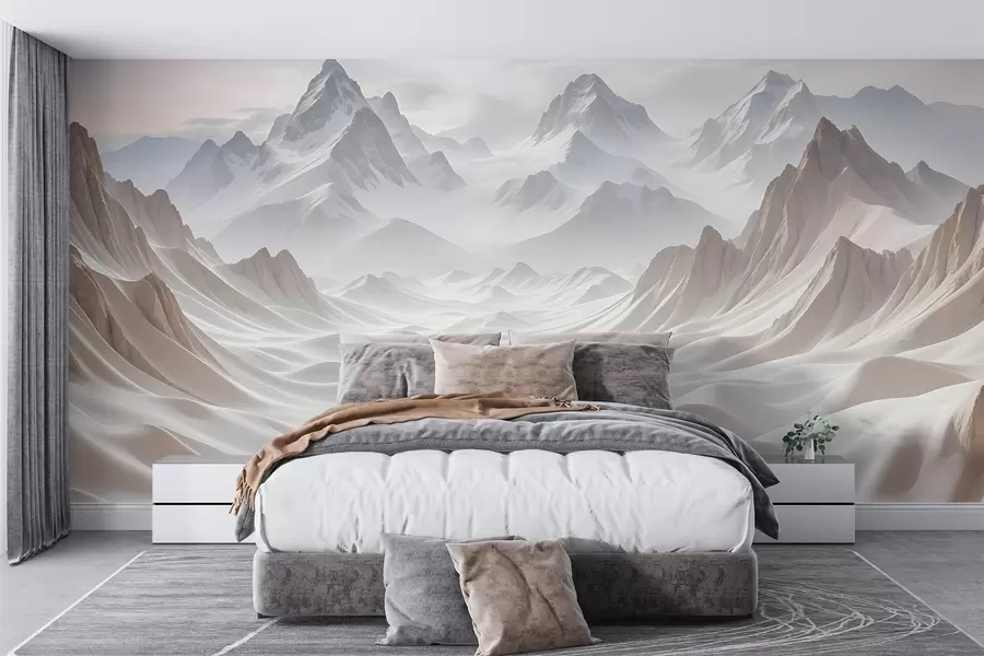 wall murals Snowy mountain peaks emerging from a misty, ethereal landscape with rolling hills and valleys w08313