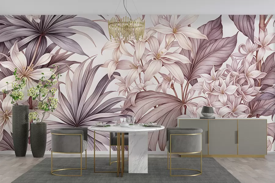 wall murals A tropical floral print with large white and light pink flowers, bordo leaves, and a neutral background w08318v1