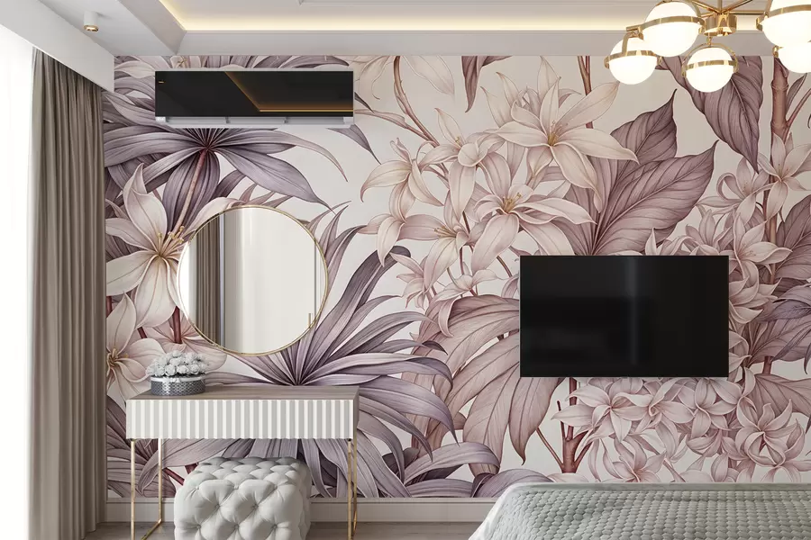 wall murals A tropical floral print with large white and light pink flowers, bordo leaves, and a neutral background w08318v1
