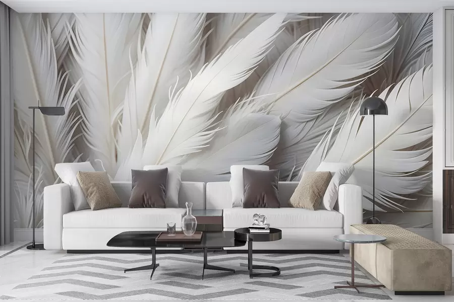 wall murals Soft, fluffy white feathers with a delicate, wispy texture on a light background w08319