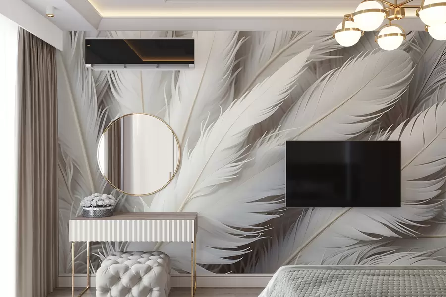 wall murals Soft, fluffy white feathers with a delicate, wispy texture on a light background w08319