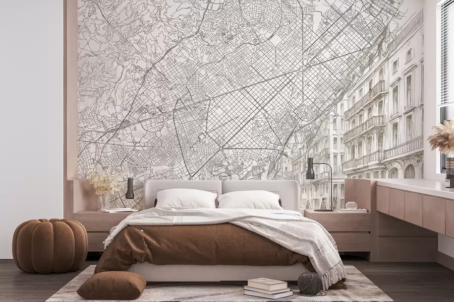 wall murals Barcelona city map, line drawing, architecture, Spain, beige colors w01695