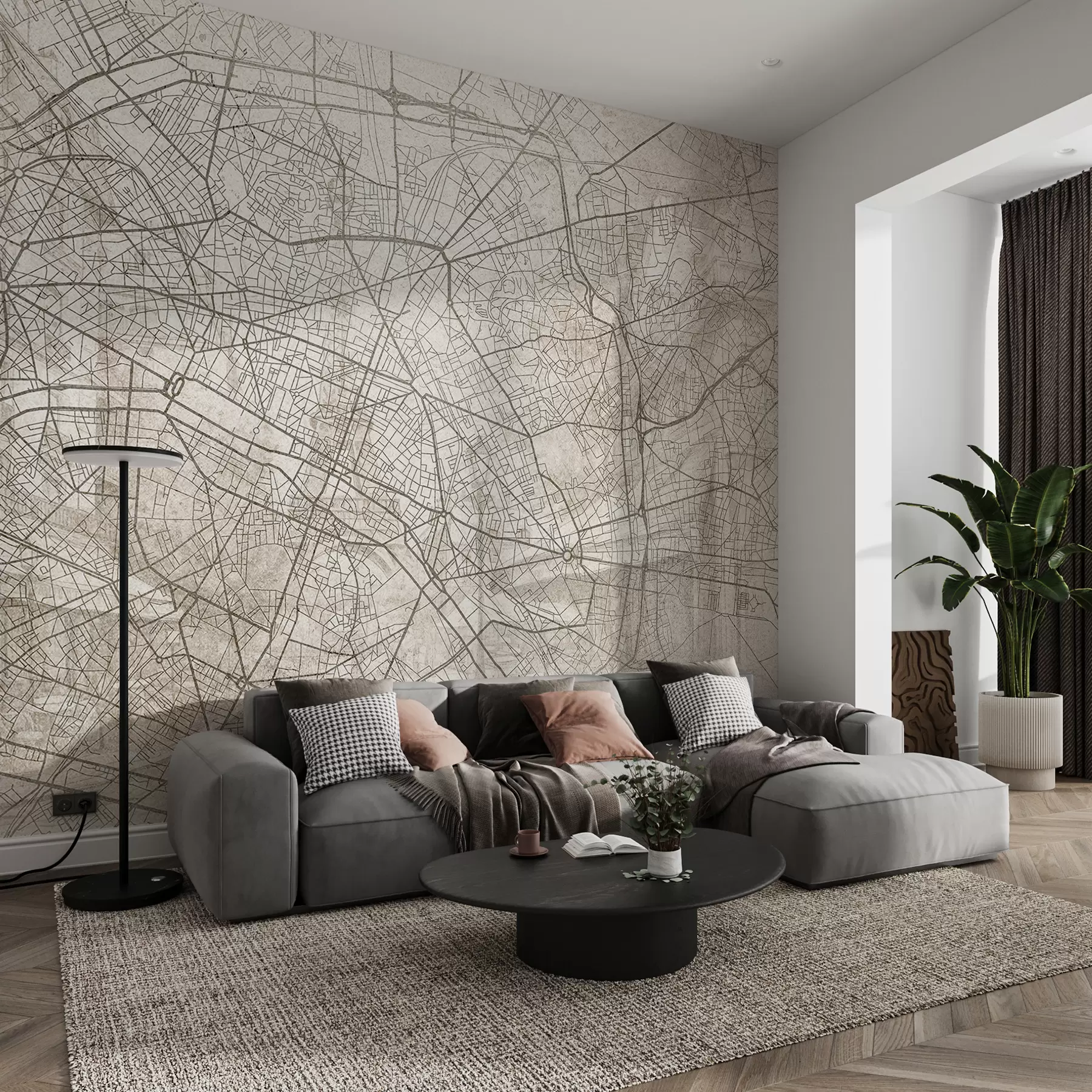 wall murals Paris city map, line drawing, architecture, France, beige colors w01697