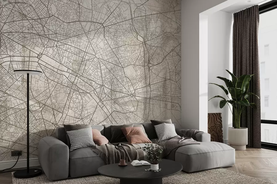 wall murals Paris city map, line drawing, architecture, France, beige colors w01697
