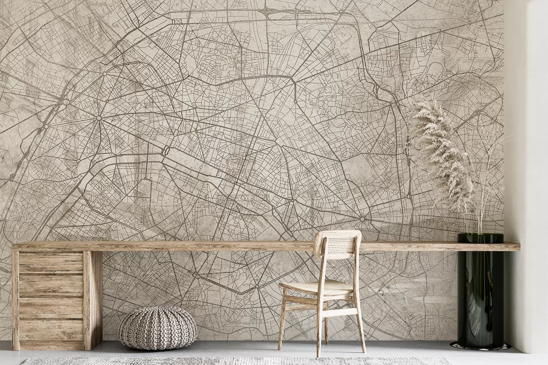 wall murals Paris city map, line drawing, architecture, France, beige colors w01697