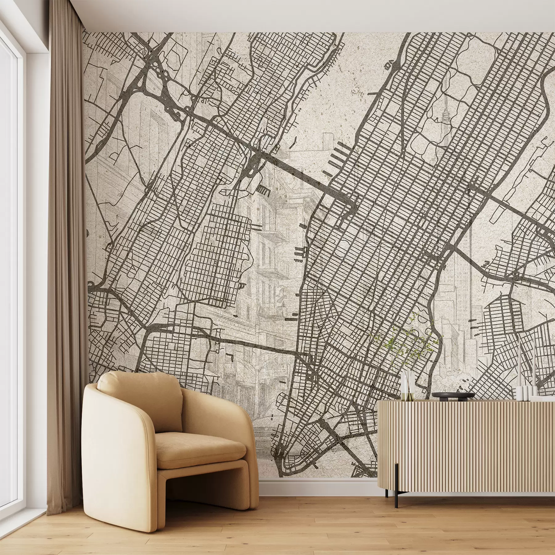 wall murals New York city map, line drawing, architecture, beige colors w01699