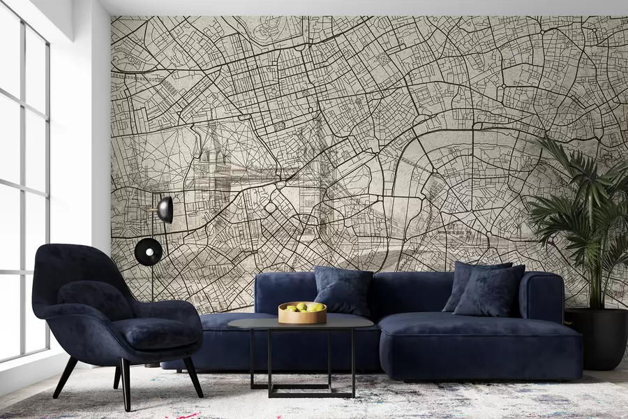 wall murals London city map, line drawing, architecture, beige colors w01702