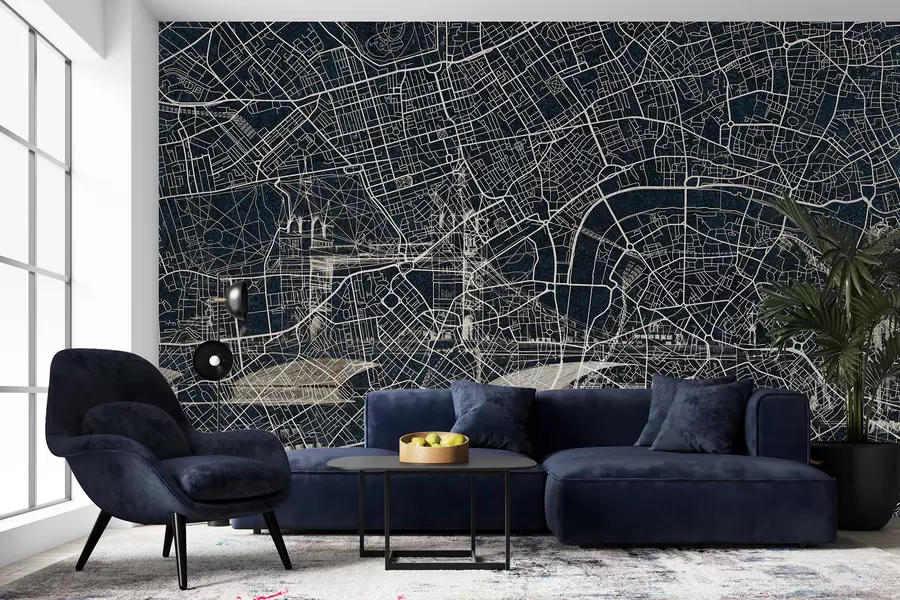 wall murals London city map, line drawing, architecture, dark colors w01702v1