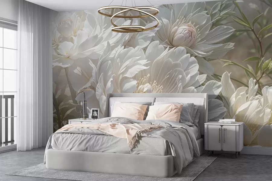 wall murals A close-up of large, delicate white peony flowers with soft, fluffy petals and pale yellow centers  w08325