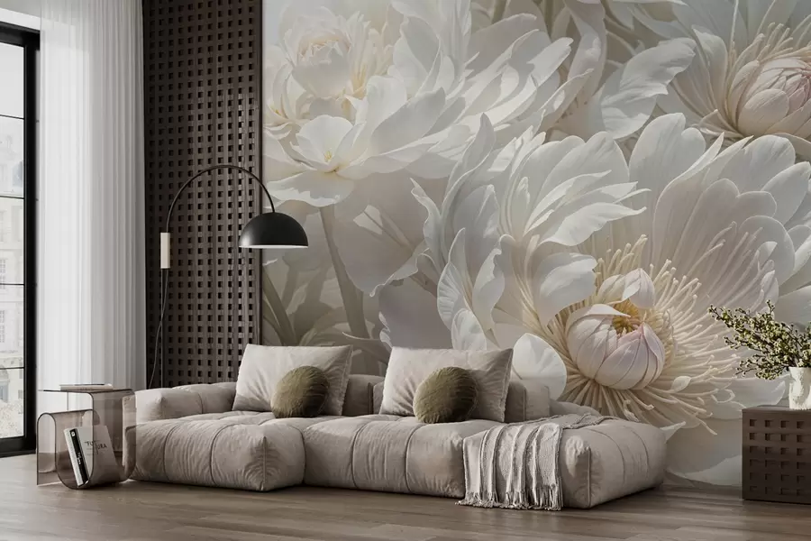 wall murals A close-up of large, delicate white peony flowers with soft, fluffy petals and pale yellow centers  w08325
