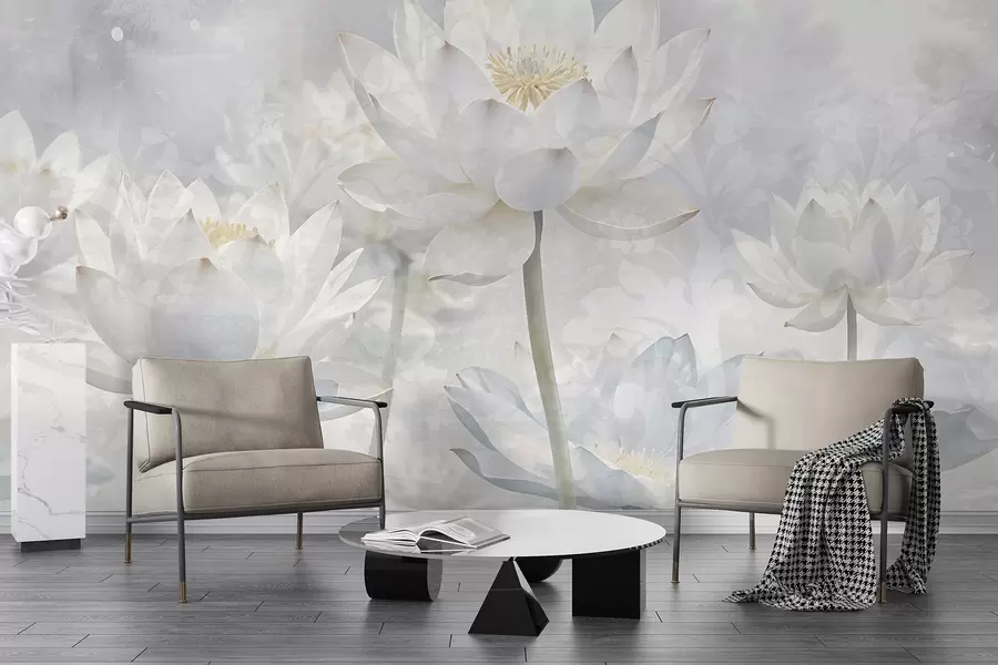wall murals White lotus flowers in a misty, ethereal abstract pastel landscape background w08328