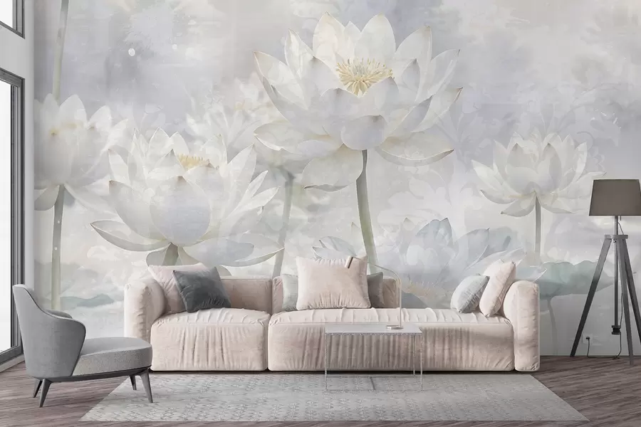 wall murals White lotus flowers in a misty, ethereal abstract pastel landscape background w08328