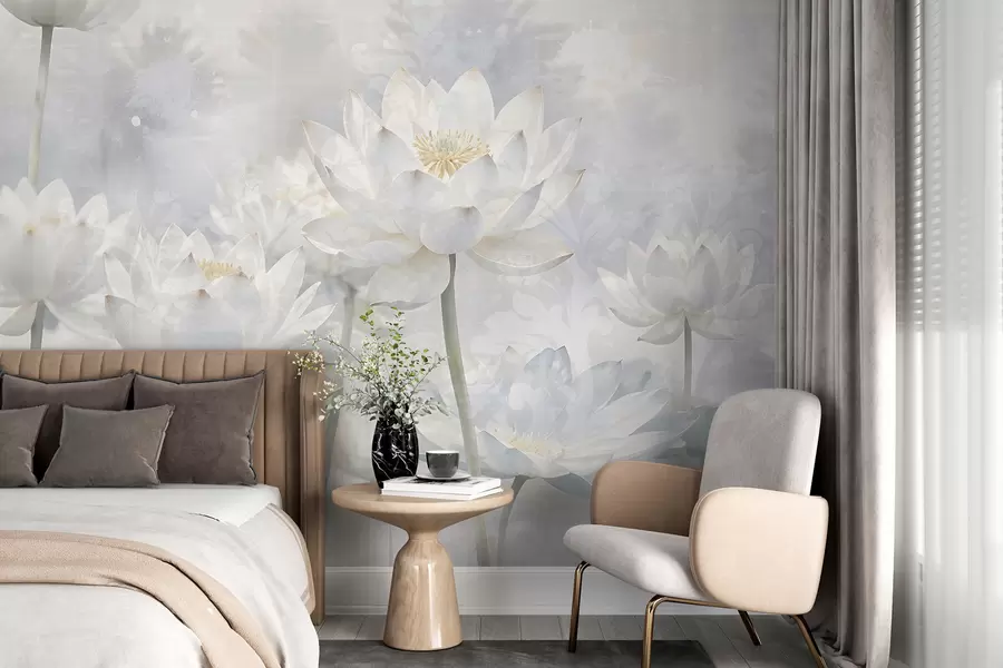 wall murals White lotus flowers in a misty, ethereal abstract pastel landscape background w08328