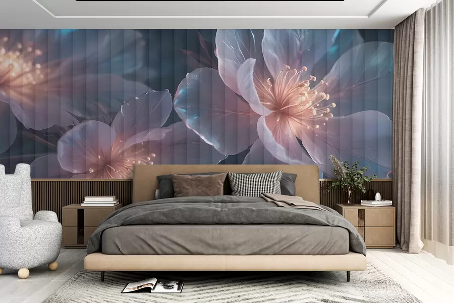 wall murals Delicate pink and blue transparent flowers with soft, blurred petals and glowing centers against a dark background w08329