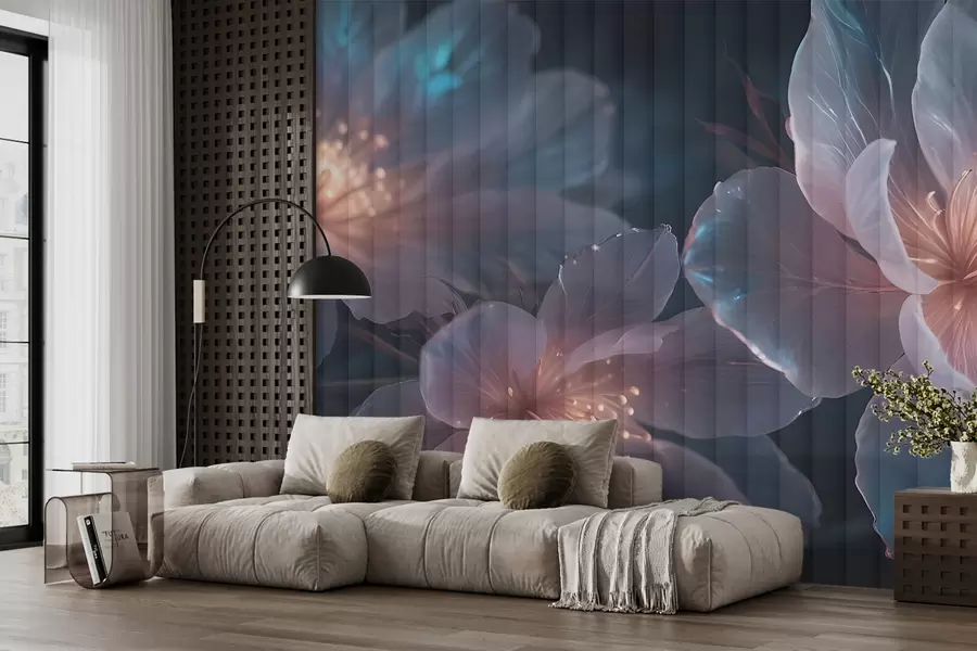 wall murals Delicate pink and blue transparent flowers with soft, blurred petals and glowing centers against a dark background w08329