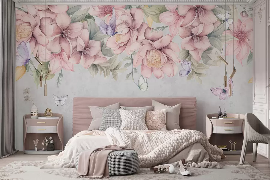 wall murals Soft pink and white florals with delicate flowers and leaves on textured gray background w08331